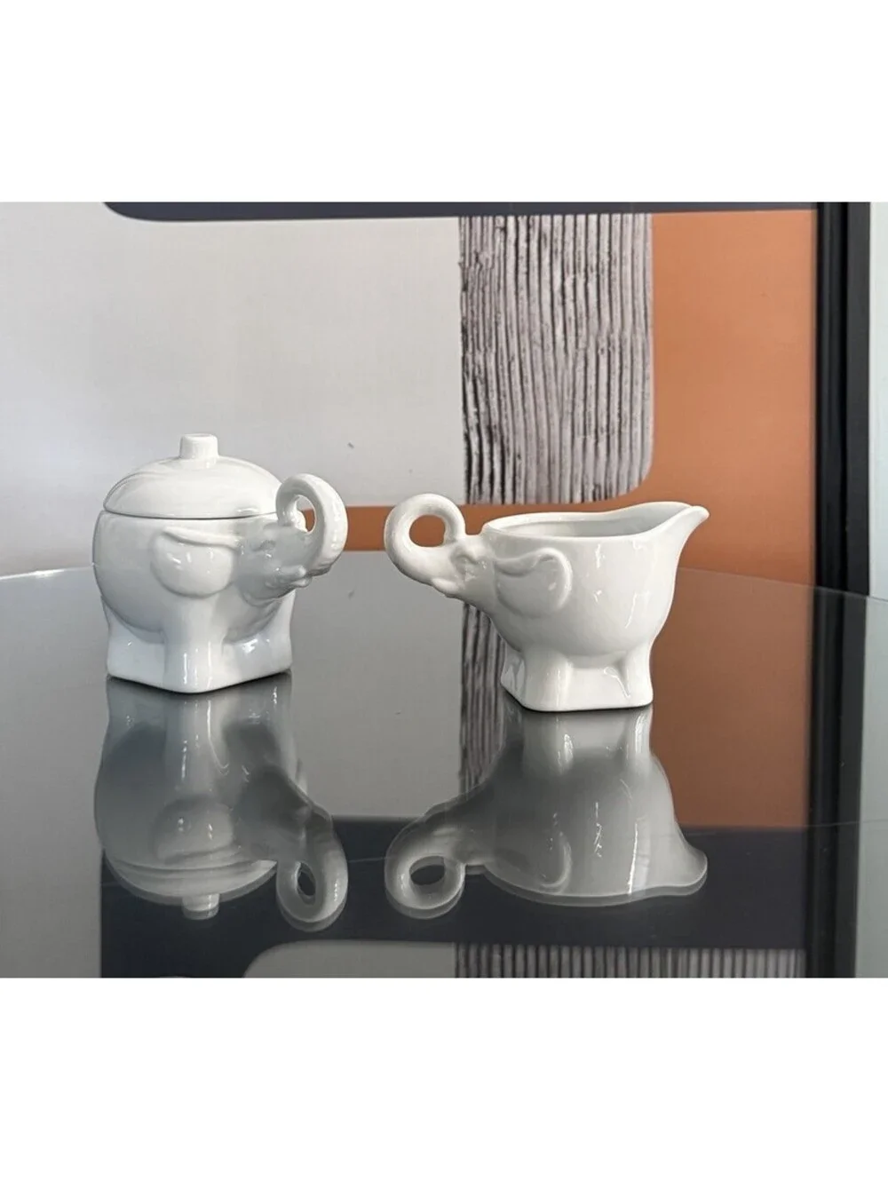 Pier 1 Elephant Creamer & Sugar Bowl Set with Lid Trunks Up White Elephant Gift